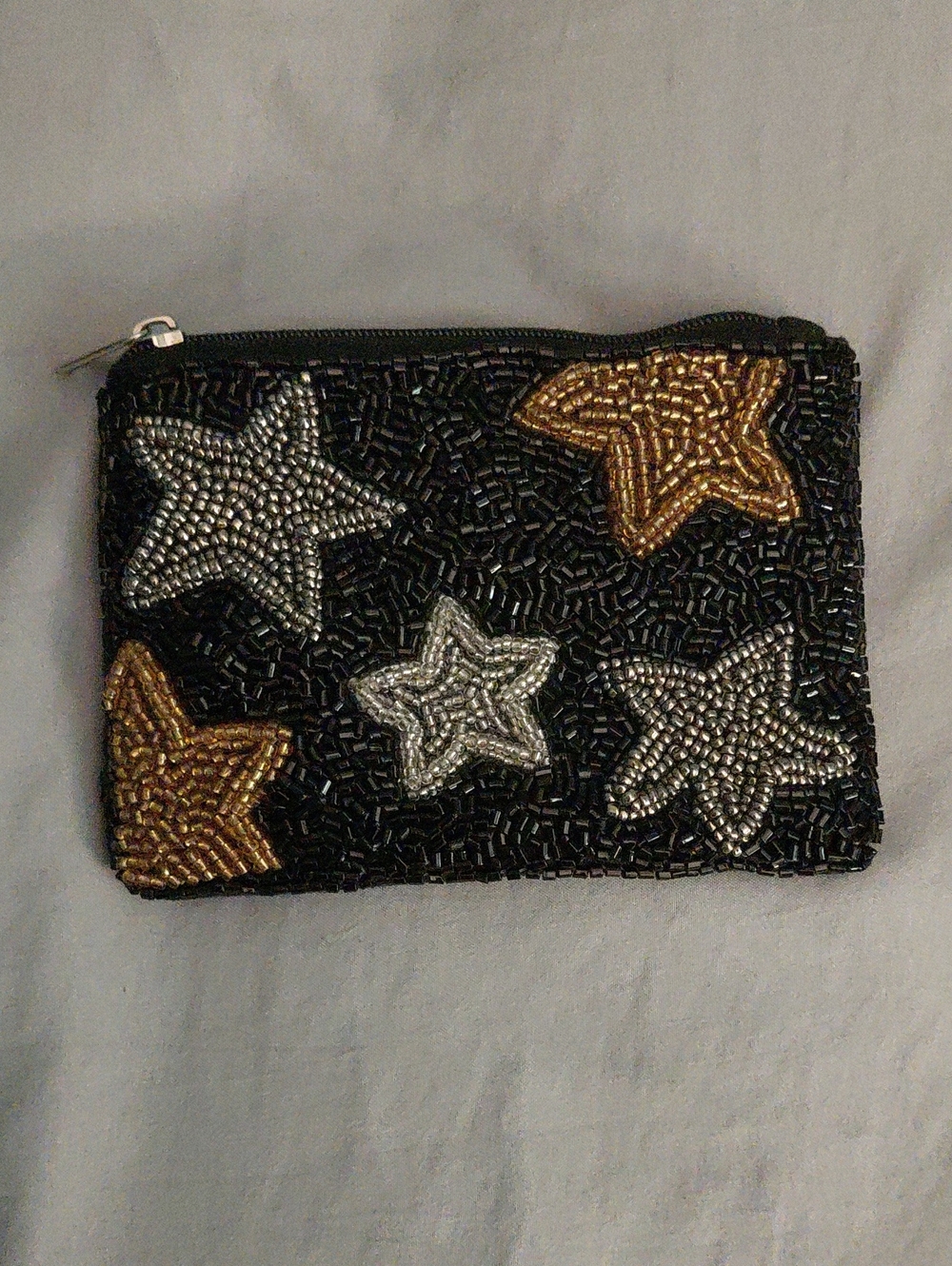 Beaded Star Zip Pouch - Black with Gold & Silver Stars